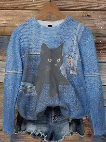 Manfinity Homme Men's Casual Fashionable Street Black Cat Denim Print Long Sleeve Pullover Sweater, Autumn/Winter - Blue - View 1