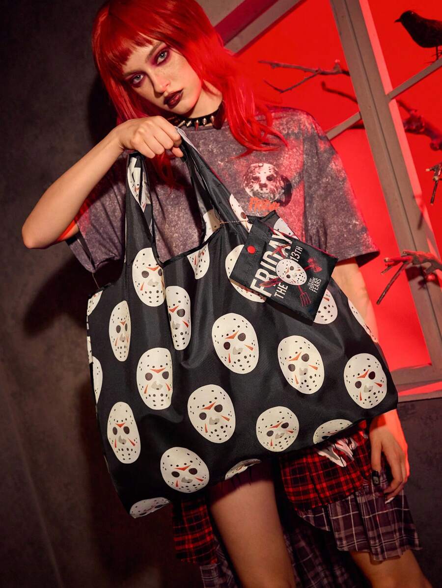 WB Horror X SHEIN 1 Túi mua sắm gấp gọn in hình mặt nạ hoạt hình, Túi tote có túi đựng kèm theo Túi có dây xích hạt, Có thể treo trên ba lô, Mặt nạ bóng chày, Halloween, Túi Halloween hoàn hảo cho bữa tiệc sang trọng kết hợp với trang phục Halloween, Quà tặng Halloween tuyệt vời nhất cho phụ nữ - Nhiều màu - Xem 1