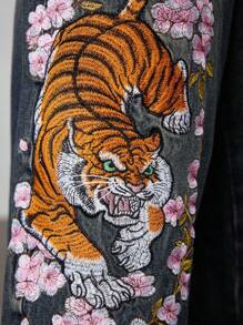 ROMWE Grunge Punk 复古 Y2K 街头中国风虎纹花卉刺绣宽松阔腿牛仔裤，男女通用 - 藍色 - 查看 2