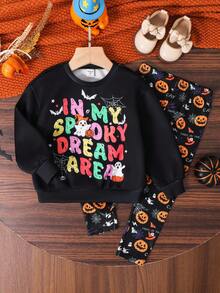 两件套少女休闲可爱复古豹纹南瓜图案圆领长袖卫衣和紧身裤套装，适合秋冬季。适合秋冬季，居家、户外运动、上学、日常休闲。和我妈妈的款式一样，也和我的姐姐、妹妹的款式一样。万圣节 - 黑色 - 查看 5