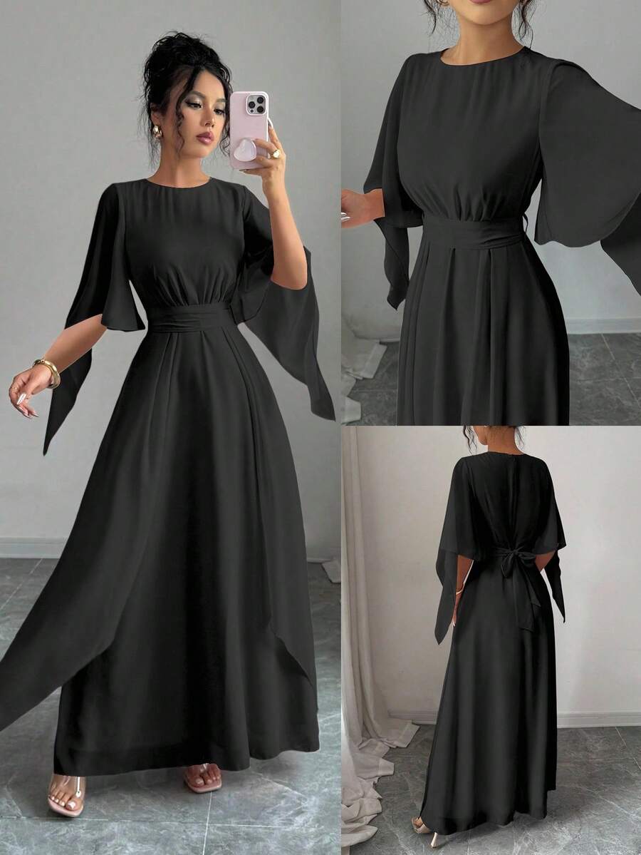 Elenzga Đầm suông cổ tròn tay bèo nhún thanh lịch dành cho nữ, mùa xuân/hè - màu đen - Xem 1