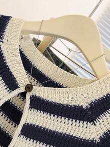 Franclia New Unique Striped Round Neck Cardigan, Versatile & Slimming Design For Women - Navy Blue - View 5