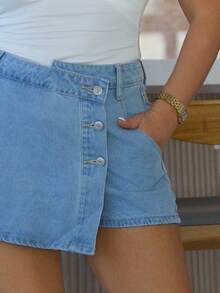 Button Front Denim Skort - Light Wash - View 5