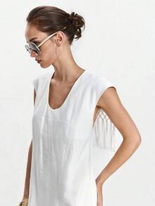 Lumivelle Váy không tay cổ chữ U có tua rua trang trí phía sau dành cho nữ - trắng - Xem 7