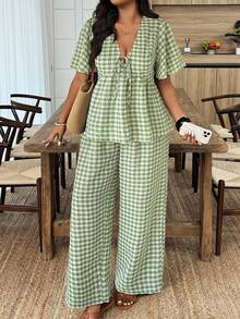 Weeklong Conjunto feminino plus size 2 peças: camisa xadrez de manga curta com amarração frontal e calça larga