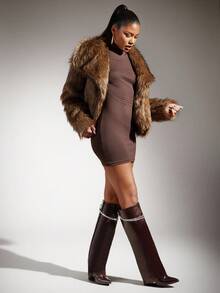 SHUZIA Botas altas hasta la rodilla con punta puntiaguda, tacón de bloque y correa con brillo para mujer - Marrón Chocolate - Ver 1