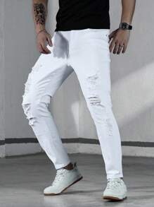 Manfinity Homme Men's Solid Color Skinny Ripped Denim Jeans - White - View 4