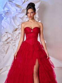 Glamrae Elegant Red Satin & Net Mesh Lace Sweetheart Neckline Rhinestone & Fishbone Boned Belted A-Line Asymmetrical Hem High Slit Backless Adjustable Tie Dress, Suitable For Birthday, Prom, Wedding, Graduation, Formal Occasion - Burgundy - View 8