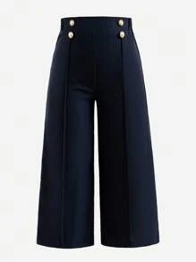 Elladie kids Young Girl Waist Button Design Toothpick Striped Wide Leg Loose Pants Fall Winter