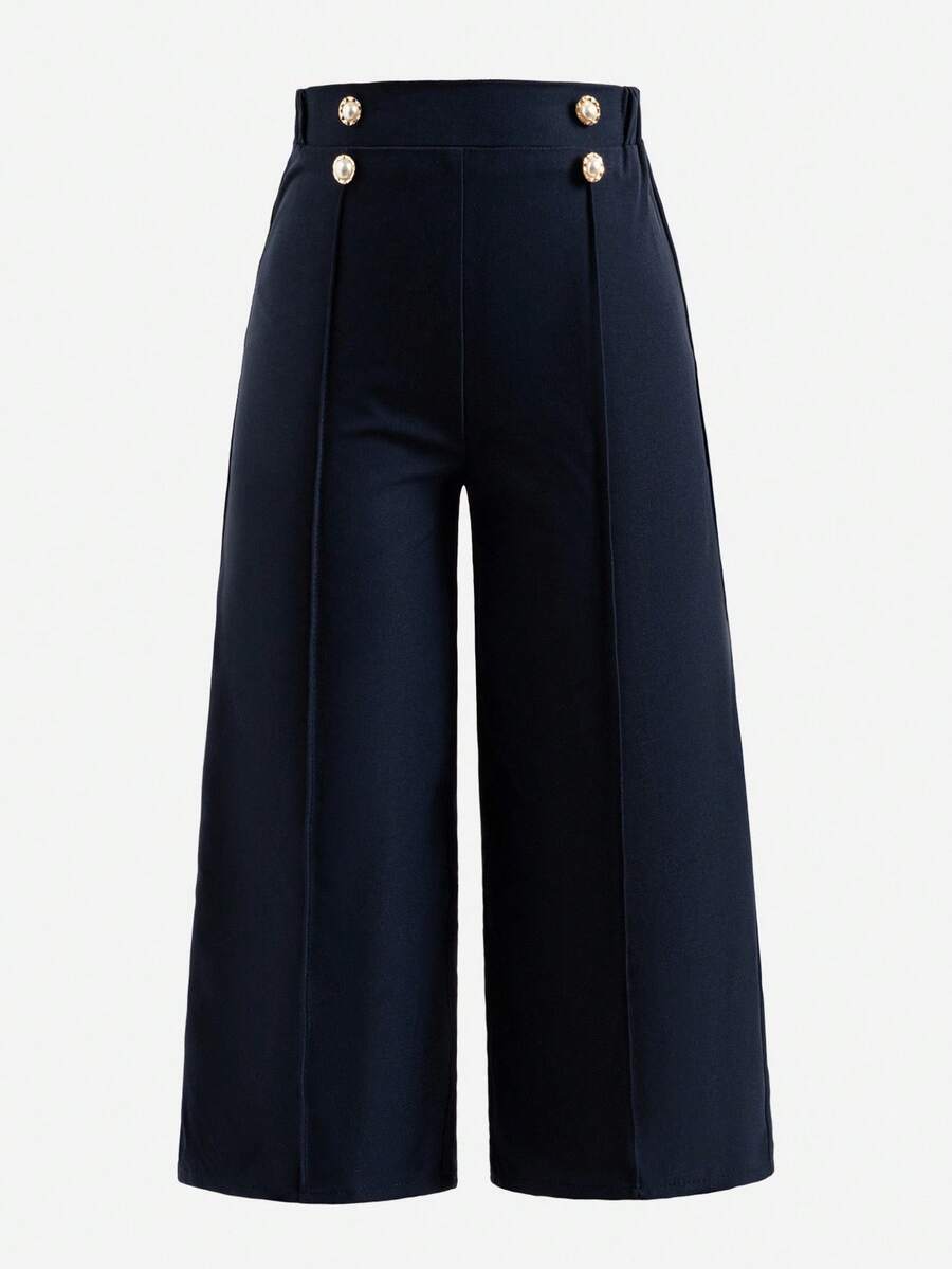 Elladie kids Young Girl Waist Button Design Toothpick Striped Wide Leg Loose Pants Fall Winter