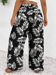 SHEIN Frenchy Plusstorlek Dam Musikfestival Semesterstil Tonad Semester Tropiskt Växtmönster Sommar Hög Midja Knyt Lösa Casualbyxor - Svart och Vitt - Visa 2