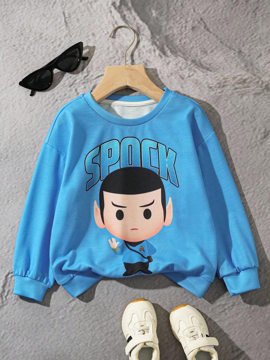 STAR TREK X SHEIN Young Boy Casual Fashionable Street Cartoon Character & Letter Graphic Dropped Shoulder Loose Pullover Sweatshirt, Autumn/Spring Fall Winter - White - View 1