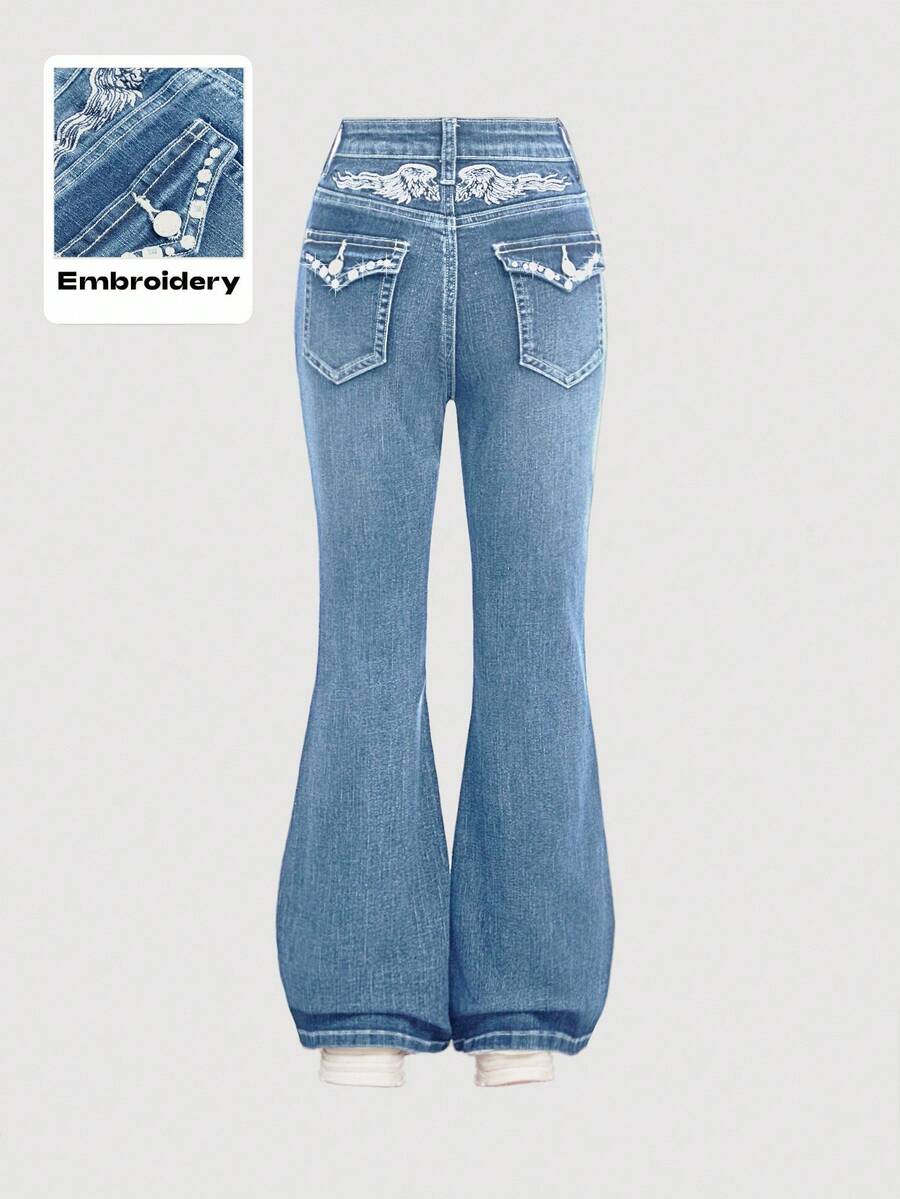 SHEIN Girlism Quần jeans ống loe co giãn đính đá phong cách Y2K Punk cổ điển thêu cánh và đính đá cho bé gái tuổi teen có túi xéo - Rửa tối - Xem 1