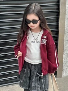 DAZY Young Girls Regular Collar English Print Contrast Stripe Decor Casual Sweatshirt Fall,Winter - Red - View 3