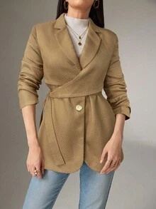 Modelyn Women's Solid Color Lapel NeckLong Sleeve Side Knot Elegant Blazer In Fall/Winter - Khaki - View 5