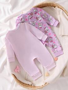 2pcs Newborn Baby Girl Cute Rabbit Cartoon Print Outfit, Long Sleeve Romper Baby Girl Pajamas Newborn Baby Girl Clothes Baby Girl Sleepwear Cartoon Baby Clothes Baby Girl Pajama Set Fall Winter - Mauve Purple - View 2