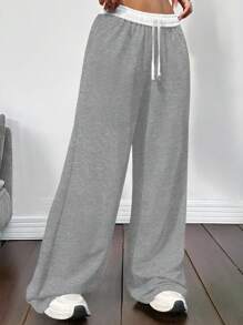 SHEIN Nastolatki dziewczęce szare patchworkowe paski ściągacze luźne szerokie nogawki vintage sportowe college styl casualowe spodnie dresowe