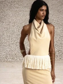 MUSERA Vestido largo elegante de cuello de cowl con detalles de flecos, ajuste recto, para ocasiones de noche, cumpleaños, otoño, primavera, verano, vacaciones, graduación, baile de graduación - Amarillo - Ver 2
