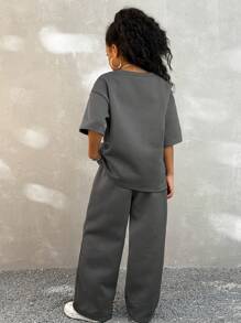 Coolane 青少年女孩棕色抽绳休闲直筒运动裤和纯色罗纹长袖 T 恤，两件套，秋冬 - 灰色 - 查看 4