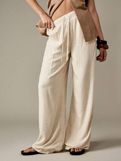 MISSGUIDED 亚麻抽绳阔腿阔腿裤度假服夏季沙滩裤休闲家居服松紧腰舒适长裤