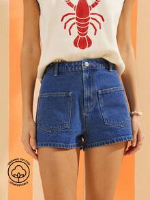 WESTFADE High Rise Patch Pocket Premium 91% Cotton Denim Shorts Western Wear For Women, Back To School, Fall, Autumn, Winter, Casual, Cute, Boho - Dark Wash - View 1