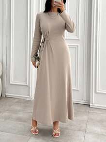 EURMUSE Rib Knit Crew Neck Long Sleeves Knot Detailed Dress Office Beige Autumn Modest Elegant - Grey - View 6