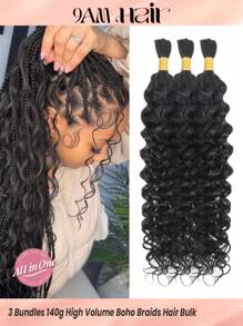 Boho Braids 3 Bundles High Volume Braiding Hair Bulk No Weft Water Wave Crochet Human Hair Natural Black Color Hair Extension Enough Full Head Weight 4.93 Ounce Knotless Braids Hair Extensions For Women