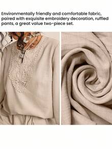 SHEIN LUNE Plus Size 2pcs Casual Matching Set,Embroidered Blouse And Ruffle Hem Pants With Pockets,Women's Linen Lounge Sets,Beige,Autumn,Boho,Vacation Outfits - Apricot - View 8