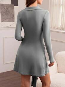 Hanevo Women's Solid Color Lapel Front Button Tie Waist Design Short Dress Fall Cloth For Women - Light Grey - View 2