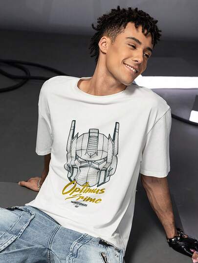 Transformers X SHEIN Men's Letter & Robot Graphic Round Neck Short Sleeve T-Shirt