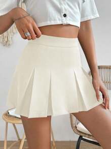 SHEIN PariChic Women's Collegiate Style Solid Color Pleated Mini Skirt - Apricot - View 6