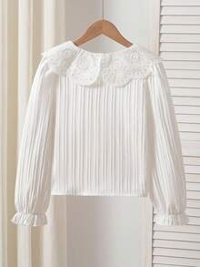 Sparklyn Teen Girls Elegant Embroidered Ruffle Collar Blouse, Puff Sleeve Button Down Striped Casual Princess Shirt, Suitable For Holiday, Travel, Birthday Party, Spring/Autumn Fall Winter