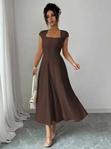 Elenzga Women's Elegant Solid Color Square Neck Waist Tie Splice Flared A-Line Short Sleeve Midi Dress, Suitable For Commute, Beach, Vacation, Music Festival, Beer Festival In Spring And Summer