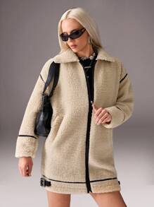 CasuGlow Manteau en fausse pour femmes, fermeture éclair à l'avant, col avec boucle, passepoil contrasté, veste oversize en peluche, fermeture éclair, garniture , coupe longue, manteau  de mouton, col montant, ourlet réglable, coupe confortable, manteaux, vêtements d'hiver, vestes - Beige - Voir 8