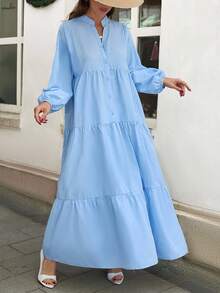EURMUSE Leisure Solid Color Lantern Sleeve Dress Spring Dresses For Women - Baby Blue - View 3