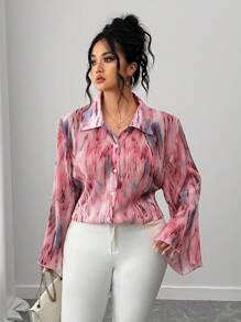 Elenzga Plus Size Women's Tie-Dye Drop Shoulder Long Sleeve Single-Breasted Loose Fashion Shirt