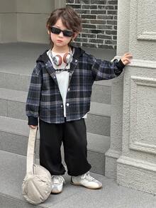 DAZY 2pcs Kids Boys Casual Plaid Hooded Shirt And Sweatpants Set, Loose Fit, Autumn