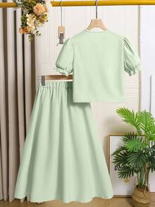 SHEIN 青少年女孩圆领纽扣短袖上衣和荷叶边下摆 A 字裙 2 件套 - 薄荷綠 - 查看 2