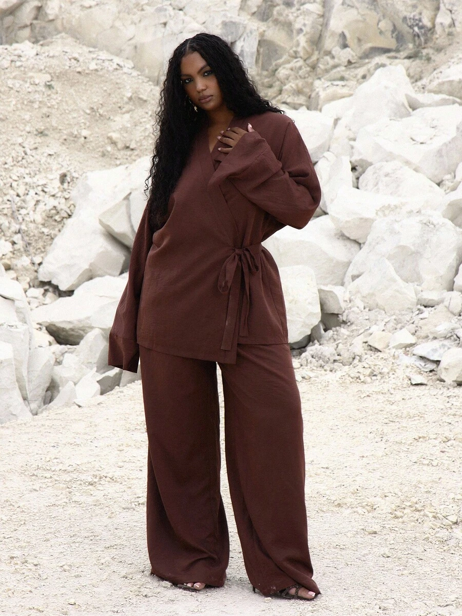 MUSERA 大码弹力阔腿裤套装，仅限裤子，可爱夏季假日优雅度假时尚性感场合曲线魅力复活节休闲装 - 棕色 - 查看 1