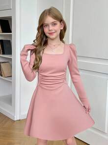 SHEIN Tween 女童优雅方领灯笼长袖 A 字形连衣裙