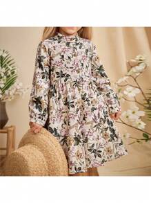 SHEIN Young Girl Floral Print Ruffle Hem Long Sleeve Dress - White - View 1