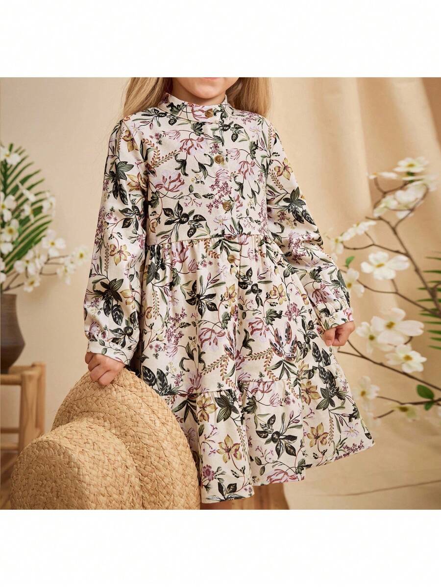 SHEIN Young Girl Floral Print Ruffle Hem Long Sleeve Dress - White - View 1