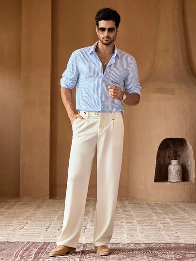 HIMLAND 男士休闲梭织条纹字母刺绣长袖衬衫蓝白条纹衬衫男浅蓝色衬衫男男士夏季衬衫休闲衬衫男士条纹衬衫男，男士蓝白条纹衬衫，竖条纹纽扣衬衫，“老钱”美学衬衫，适合秋季