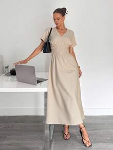 Siren Gaze New V-Neck Long Waist Cinched Dress Linen Dress Casual Midi Dress,Long Dress With Pleats At The Waist Summer - Apricot - View 6
