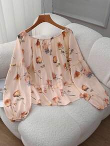 Blusa de manga larga con estampado floral, de corte holgado y cordón ajustable, para mujer de estilo casual - Multicolor - Ver 2