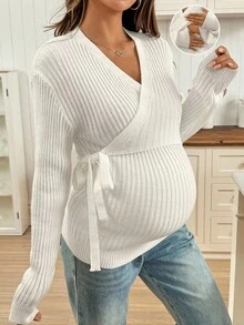 SHEIN 孕妇纯色长袖裹身式哺乳毛衣