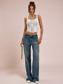SHEIN BAE Top corto da donna in colore unito, in pizzo idrosolubile, adatto per le vacanze estive - Bianco - Visualizzare 1