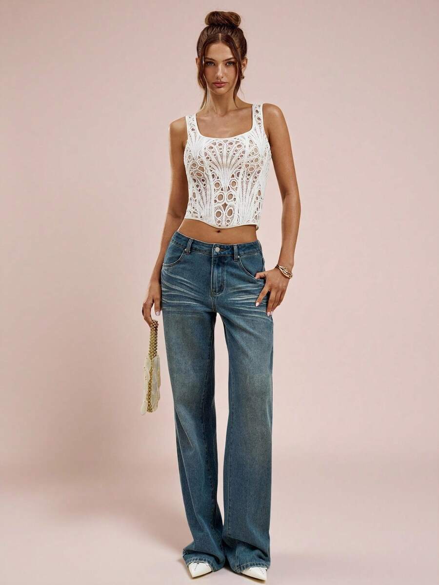 SHEIN BAE Top corto da donna in colore unito, in pizzo idrosolubile, adatto per le vacanze estive - Bianco - Visualizzare 1