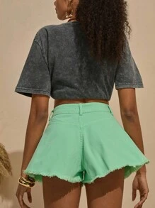 Bóhologie Boho Bohemela Womens Clothing Women Summer Clothes High-Waisted A-Line Denim Shorts – Vibrant Wash, Frayed Hem, Relaxed Fit & Chic Summer Staple Casual Boho Style Germany Seaside Holiday, Suitable For Everyday, Out Of The Street, Holiday And Other Occasions To Wear Music Festival - Mint Green - View 2