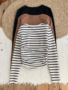 LMoss Kids 3pcs/Set Tween Girls' Solid Color Crew Neck Casual T-Shirts Long Sleeve Tops Fitted Tops Basic Tops Striped Long Sleeve Top Long Sleeve Shirts For Teen Girls Chic Outfits For Autumn/Winter,Suitable For Home, Can Be Worn Inside Or Outside,Winter Clothes, Fall - Multicolor - View 2